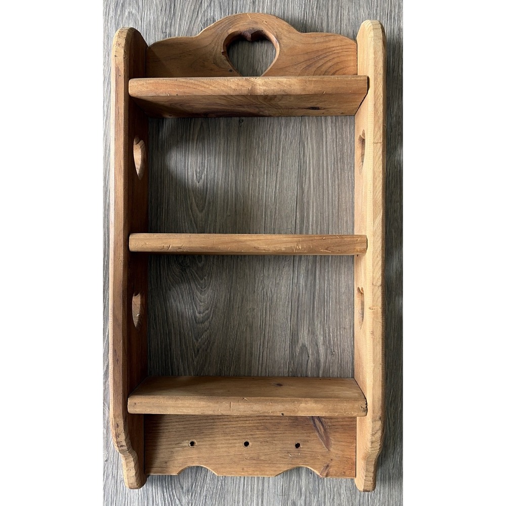 Vintage Wooden Curio Heart Cut Out Shadow Box Country Cottage Display Shelf Pegs